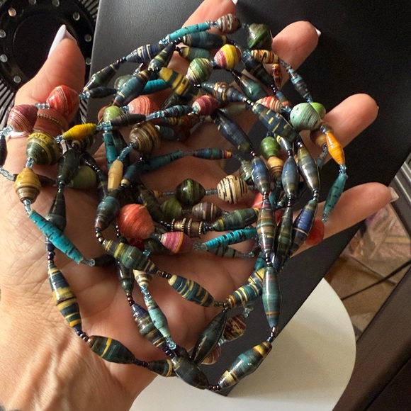 Paper Beads Hand Rolled Multicolor Beaded Necklace Two Strands - Picture 4 of 4